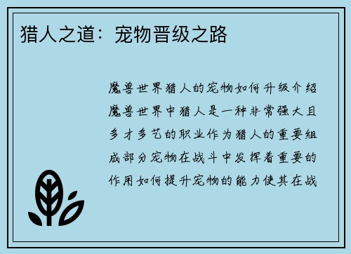 猎人之道：宠物晋级之路
